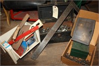 Vintage tool box, square, nuts, bolts, and more