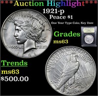 *Highlight* 1921-p Peace $1 Graded Select Unc