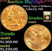 *Highlight* 1893-p Type 3 W/Motto Liberty $10 Grad