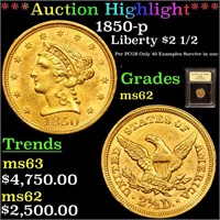 *Highlight* 1850-p Liberty $2 1/2 Graded Select Un