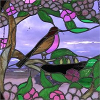 stained glass in wood frame -Robin in blossoms