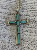 Zuni Signed Sterling & Turquoise Cross Pendant