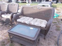 Wicker Cushioned Love Seat, Wicker Coffee Table