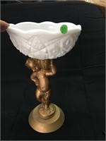 Stunning Cherub Metal And Milk Glass Compote