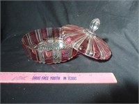Pink & clear cut glass candy dish w / lid