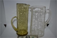 2 Crackle Glass Pitchers, 1 Clear, 1 Yellow