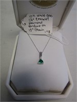 10k White Gold 1 1/2" Emerald & Diamond Pendant