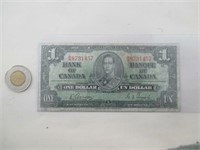 Billet de $1 Canadien 1937. Bonne condition.