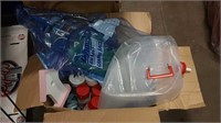 Box of miscellaneous with plastic Reliance water