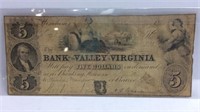 1800’s Bank of The Valley in Virginia Paper Note