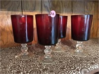 4 Vintage Red Topped Wine Glasses