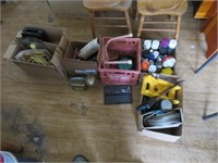5 boxes, light, rope, saw, stool, misc.