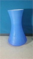Blue glass vase with white interior 11 in tall