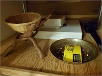 Brass tray, Vase, carved wood holder