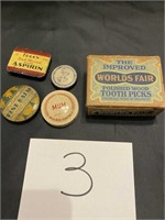 Worlds Fair Wooden Toogh Picks & Vintage Tins
