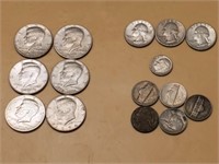 6 JFK Half Dollars, 1 Dime, 5 Nickels, 3 Quarters