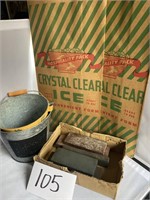 Vintage Ice Bags, Sharpening stones, buckets