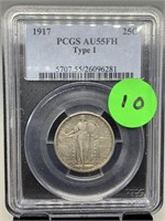 1917 PCGS GRADED AU55FH TYPE 1 SILVER QUARTER