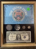 SILVER STORY FRAMED COINAGE MORGAN & $1CERTIFICATE