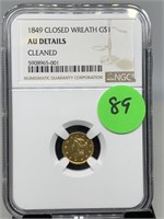 1849 CLOSED WREATH $1 NGC GOLD COIN AU DETAILS