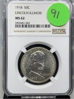 1918 50 C LINCOLN-IL NGC MS62 GRADED COMM SILVER