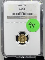 1853 $1 GOLD AU58 NGC GRADED COIN