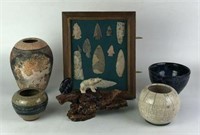 Arrowhead Display, Pottery Pots & Bear Sculptures
