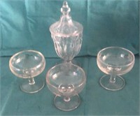 Clear Glass Etched Candy Jar w/ Lid And Cups