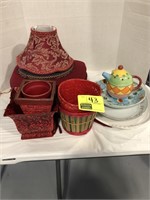 (3) RED SEAT CUSHIONS, BASKETS, LAMP SHADES,