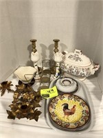 CANDLE HOLDERS, TUREEN, ROOSTER PLATES