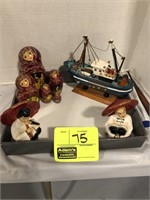 RUSSIAN NESTING DOLLS, BOAT FIGURINE,