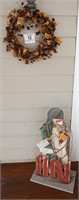 Wooden snowman 30" t & wreath