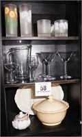 All glassware & serving dishes on 3 shelves