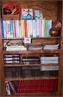 All books, etc. on 5 shelves