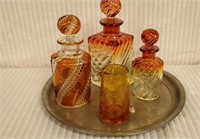 Amberina Glass Decanters & Genuine Pewter Tray