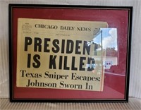 Framed "PRESIDENT IS KILLED" Newspaper 1963