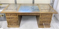 Chinese Ornate Hand Carved Wooden And Marble Desk