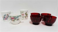 4 RUBY GLASS CUPS + 2 CHINA MUGS + CUP