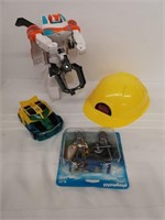 Kids toy lot Transformers, hard hat, play mobil