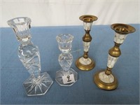 candle holders, 2 glass 8" & 6 ", 2 brass 7"