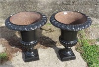 Matching pair vintage cast iron urns, 25"h
