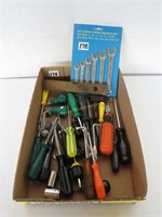 screwdrivers, wrenches, level
