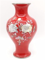 Red Metal Vase with Floral Overlay Design 10.25"