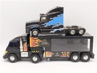 (2) Plastic Toy Semis and Trailer 13", 9", and