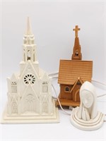 Ceramic Chapel Light, Wood Chapel Music Box, and