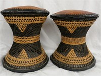 VINTAGE LEATHER AND WICKER FOOT STOOLS