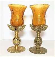 Pair of Brass & Amber Glass Shade Candle