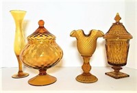 Amber Glass Lidded Dishes & Bud Vases