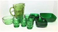 Green Glass Glasses, Pitcher & Bowls