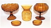 Two Amber Glass Ashtrays, Footed Bowls